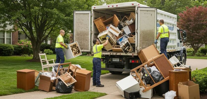 Professional Junk Removal Broomfield team efficiently clearing furniture and household items from a home for fast and stress-free cleanouts.