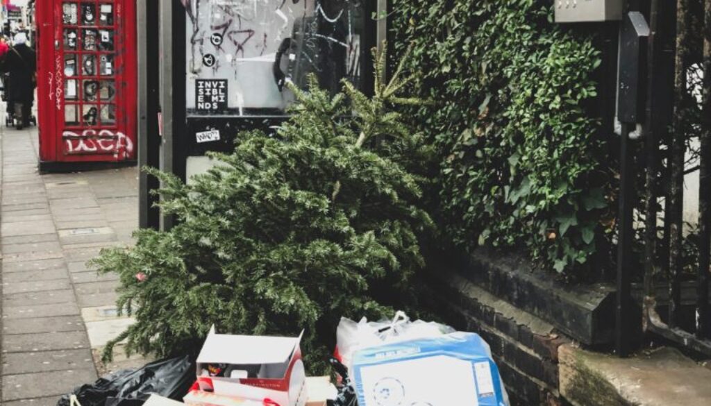 A pile of old holiday decorations and unwanted items, including Christmas trees, stacked outside a Broomfield home, ready for professional junk removal.
